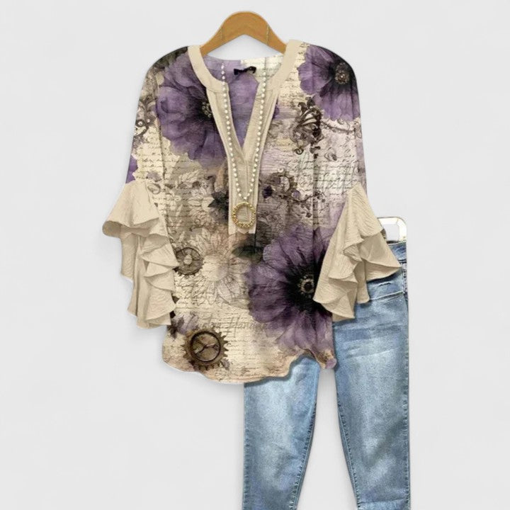 Celeste™ | Flowing Ruffle-Sleeve Blouse in Artisan Prints