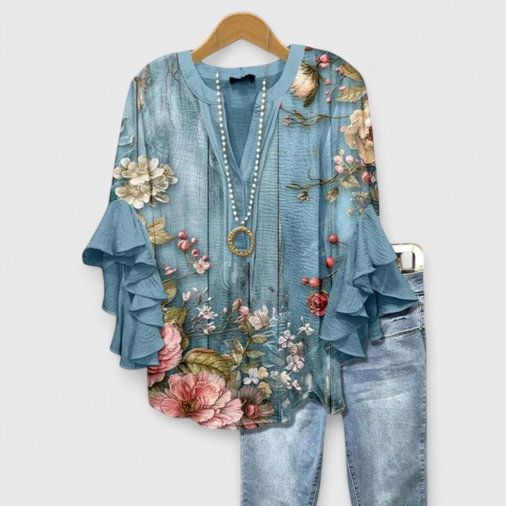 Celeste™ | Flowing Ruffle-Sleeve Blouse in Artisan Prints