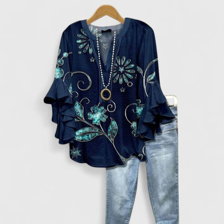 Celeste™ | Flowing Ruffle-Sleeve Blouse in Artisan Prints