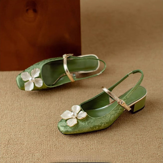 Evangeline™ | Floral Slingback Block Heel Pumps